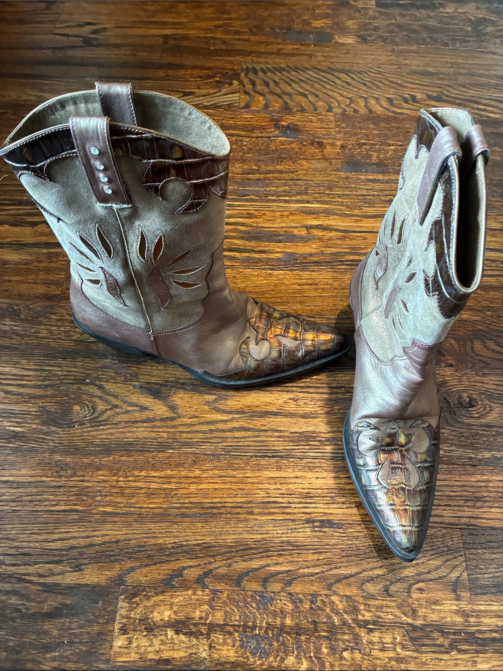 Vaneli Taupe and Brown Pointed-Toe Western Heeled Boots